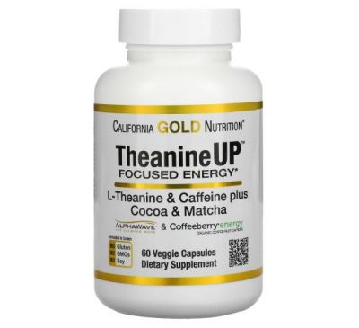 California Gold Nutrition, TheanineUP, сфокусированная энергия, L-теанин и кофеин, 60 растительных капсул