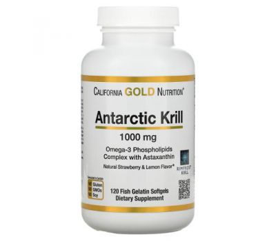 California Gold Nutrition, Жир антарктичного криля, з астаксантином, RIMFROST, зі смаком натуральних полуниці та лимона, 1000 мг, 120 рибних желатинових капсул