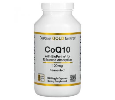 California Gold Nutrition, коензим Q10 фармацевтичної чистоти (USP) з Bioperine, 100 мг, 360 вегетаріанських капсул