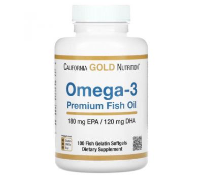 California Gold Nutrition, омега-3, риб’ячий жир преміальної якості, 180 мг ЕПК / 120 мг ДГК, 100 капсул із риб’ячого желатину