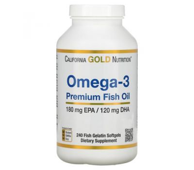 California Gold Nutrition, омега-3, риб’ячий жир преміальної якості, 180 мг ЕПК / 120 мг ДГК, 240 капсул із риб’ячого желатину