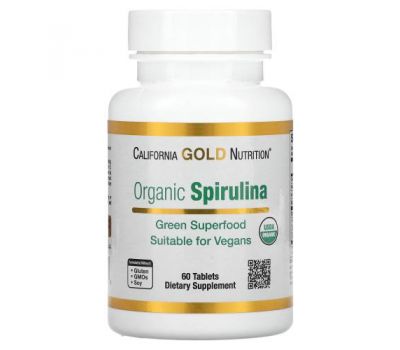 California Gold Nutrition, органічна спіруліна, сертифікат USDA Organic, 500 мг, 60 таблеток