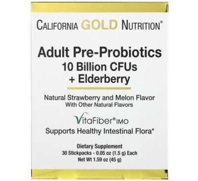 California Gold Nutrition, пребіотики для дорослих, 10 млрд КУО з бузиною, зі смаком натуральної полуниці та дині, 30 пакетиків, по 1,5 г (0,05 унції)