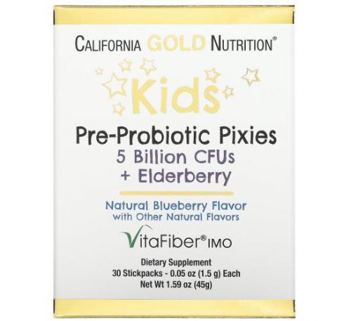 California Gold Nutrition, пробіотики та пребіотики для дітей, 5 млрд КУО з бузиною, зі смаком натуральної лохини, 30 пакетиків по 1,5 г (0,05 унції)