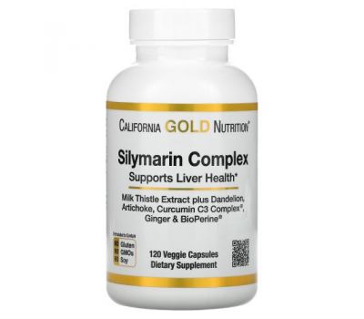 California Gold Nutrition, силімариновий комплекс для здоров’я печінки з розторопшею, куркуміном, артишоком, кульбабою, імбирем і чорним перцем, 300 мг, 120 рослинних капсул