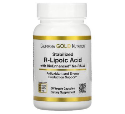 California Gold Nutrition, стабілізована R-ліпоєва кислота, 30 веганських капсул