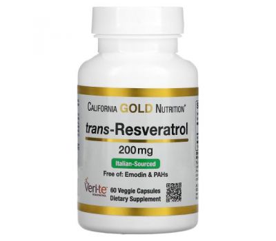 California Gold Nutrition, транс-ресвератрол, італійського походження, 200 мг, 60 рослинних капсул