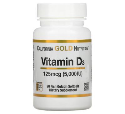 California Gold Nutrition, вітамін D3, 125 мг (5000 МО), 90 капсул з риб’ячого желатину