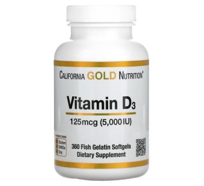 California Gold Nutrition, вітамін D3, 125 мкг (5000 МО), 360 капсул з риб’ячого желатину