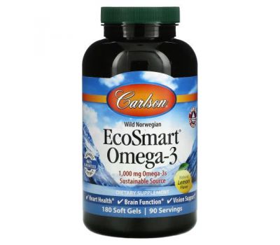 Carlson Labs, EcoSmart Omega-3, Natural Lemon Flavor, 500 mg, 180 Soft Gels