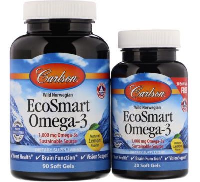 Carlson Labs, EcoSmart Omega-3, жирні кислоти омега-3, зі смаком натурального лимона, 1000 мг, 90 + 30 капсул