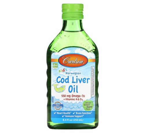 Carlson Labs, Kids Cod Liver Oil, Natural Green Apple , 550 mg, 8.4 fl oz (250 ml)