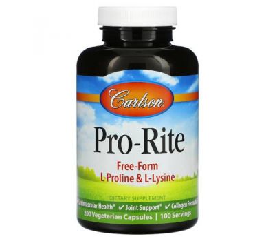 Carlson Labs, Pro-Rite, L-пролин и L-лизин в свободной форме, 200 вегетарианских капсул