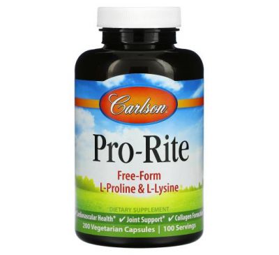 Carlson Labs, Pro-Rite, Free-Form L-Proline & L-Lysine, 200 Vegetarian Capsules