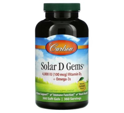 Carlson Labs, Solar D Gems, Natural Lemon Flavor, 100 mg (4,000 IU), 360 Soft Gels