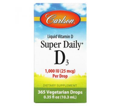 Carlson Labs, Super Daily, вітамін D3, 1000 МО, 10,3 мл (0,35 рідк. уніції)