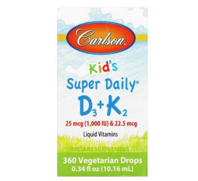Carlson Labs, Super Daily D3 + K2 для дітей, 25 мкг (1000 МО) та 22,5 мкг, 10,16 мл (0,34 рідк. унції)