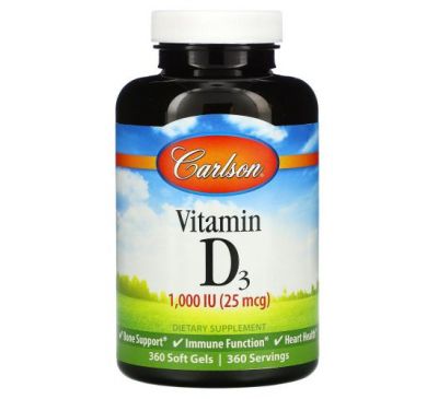 Carlson Labs, Vitamin D3, 25 mcg (1,000 IU), 360 Soft Gels