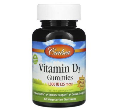 Carlson Labs, Vitamin D3 Gummies, Natural Fruit Flavors, 25 mcg (1,000 IU), 60 Gummies