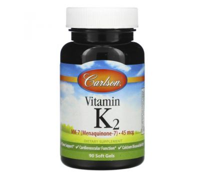 Carlson Labs, Vitamin K2 MK-7, 45 mcg, 90 Soft Gels