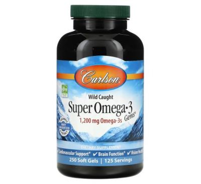 Carlson Labs, Wild Caught Super Omega-3 Gems, високоефективна омега-3 з морської риби, 600 мг, 250 капсул
