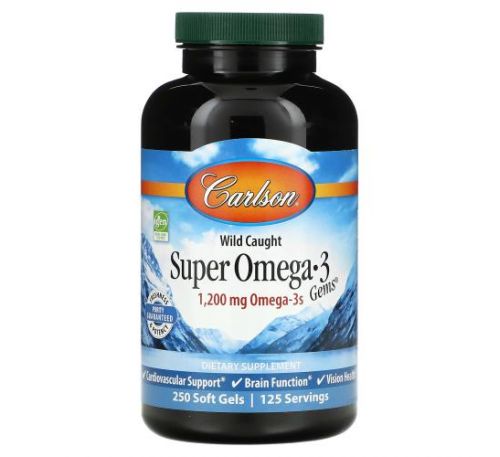 Carlson Labs, Wild Caught Super Omega-3 Gems, високоефективна омега-3 з морської риби, 600 мг, 250 капсул