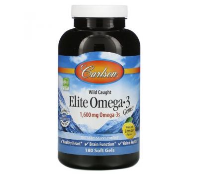 Carlson Labs, Wild Caught, Elite Omega-3 Gems, Natural Lemon Flavor, 800 mg, 180 Soft Gels