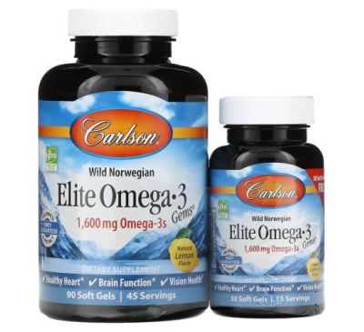 Carlson Labs, Wild Caught, Elite Omega-3 Gems, отборные омега-3 кислоты, натуральный лимонный вкус, 800 мг, 90 +30 мягких таблеток