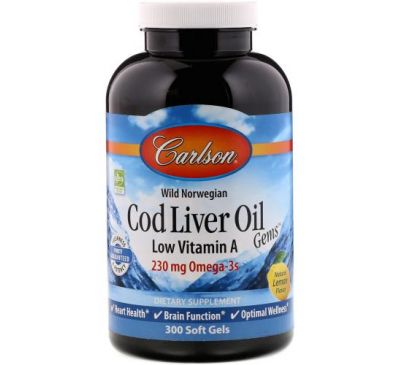 Carlson Labs, Wild Norwegian, Cod Liver Oil Gems, Low Vitamin A, Natural Lemon Flavor, 300 Soft Gels