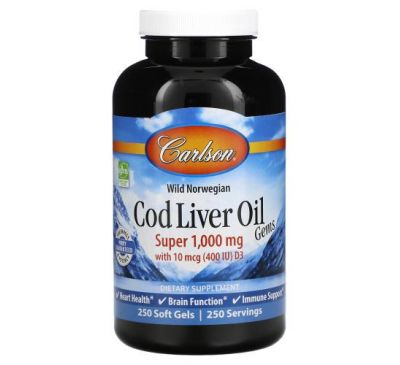 Carlson Labs, Wild Norwegian, Cod Liver Oil Gems, Super, 1,000 mg, 250 Soft Gels