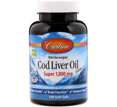 Carlson Labs, Wild Norwegian, Cod Liver Oil Gems, супер, 1000 мг, 100 капсул