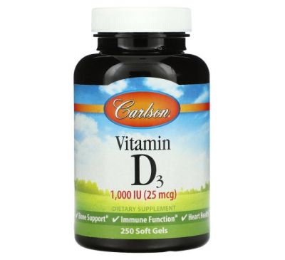 Carlson Labs, Витамин D3, 1000 МЕ (25 мкг), 250 мягких таблеток