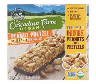 Cascadian Farm, Органические жевательные батончики с мюсли, сладко-соленые, арахисовый крендель, 5 батончиков, 1,2 унции (35 г) каждый