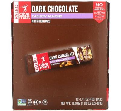 Caveman Foods, Nutrition Bars, Dark Chocolate, Cashew Almond, 12 Bars, 1.41 oz (40 g) Each