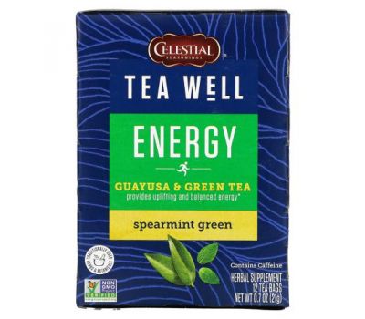 Celestial Seasonings, Energy, гуаюса и зеленый чай, зеленая мята, 12 чайных пакетиков, 21 г (0,7 унции)