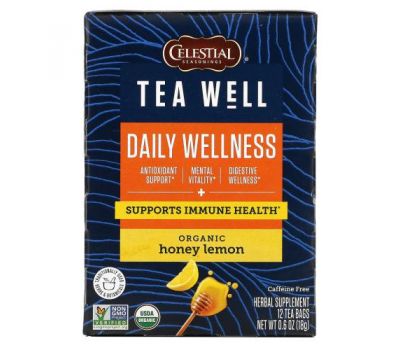 Celestial Seasonings, Herbal Tea, Daily Wellness, органический мед и лимон, без кофеина, 12 чайных пакетиков, 1,6 г (0,06 унции)