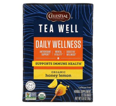 Celestial Seasonings, Herbal Tea, Daily Wellness, Organic Honey Lemon, Caffeine Free, 12 Tea Bags, 0.06 oz ( 1.6 g) Each