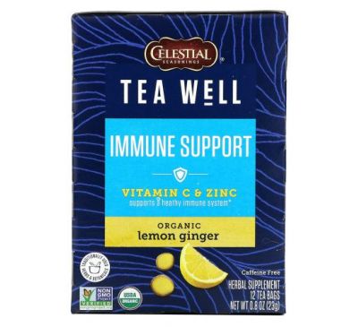 Celestial Seasonings, Immune Support, Vitamin C & Zinc, Organic Lemon Ginger, Caffeine Free, 12 Tea Bags, 0.06 oz (1.9 g) Each