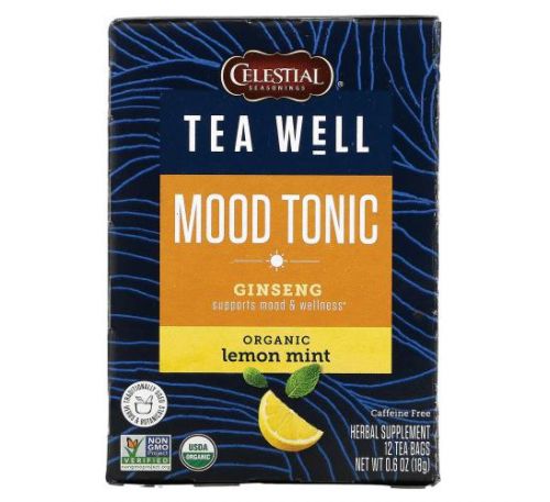 Celestial Seasonings, Mood Tonic, Ginseng, Organic Lemon Mint, Caffeine Free, 12 Tea Bags, 0.6 oz ( 18 g)