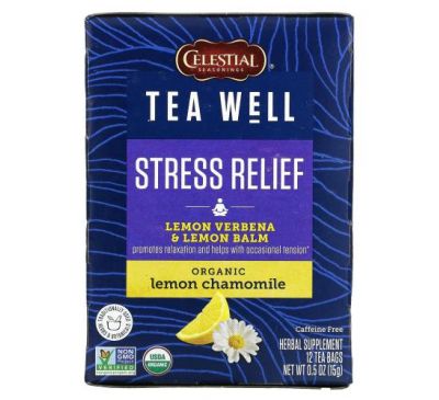 Celestial Seasonings, Stress Relief, Lemon Verbena & Lemon Balm, Organic Lemon Chamomile, Caffeine Free, 12 Tea Bags, 0.06 oz (1.2 g) Each