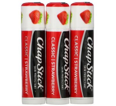 Chapstick, Lip Care Skin Protectant, Classic Strawberry, 3 Sticks, 0.15 oz (4 g) Each