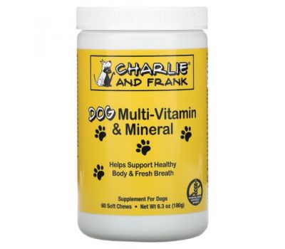 Charlie & Frank, Комплекс мультивитаминов и минералов для собак, поддерживает свежее дыхание, 60 мягких жевательных таблеток