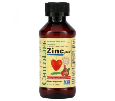 ChildLife, Essentials, Zinc Plus, добавка з цинком, зі смаком натурального манго та полуниці, 118 мл (4 рідк. унції)