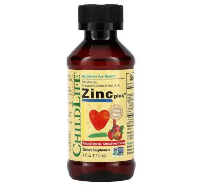 ChildLife, Essentials, Zinc Plus, добавка з цинком, зі смаком натурального манго та полуниці, 118 мл (4 рідк. унції)