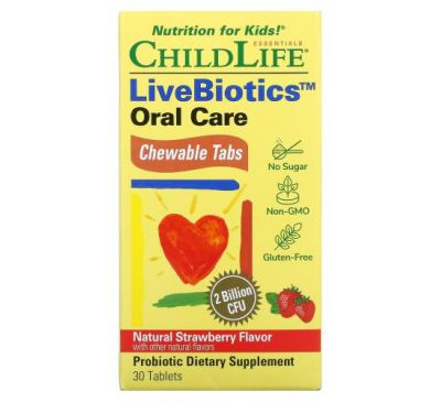 ChildLife, LiveBiotics, Oral Care, Natural Strawberry, 2 Billion CFU, 30 Chewable Tablets