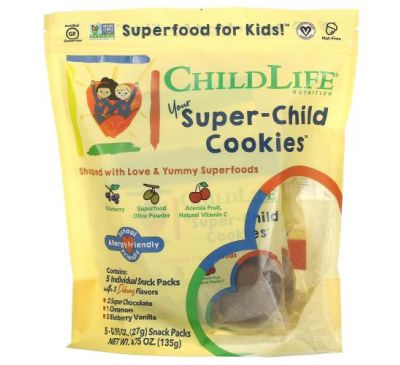 ChildLife, Your Super-Child Cookies, печенье, ассорти вкусов, 5 индивидуальных упаковок со снеками, по 27 г (0,95 унции)