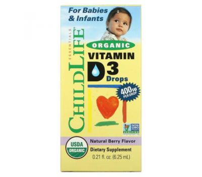 ChildLife, органічний вітамін D3 в краплях, натуральний ягідний смак, 400 МО, 6,25 мл (0,338 рідк. унції)