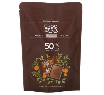 ChocZero, 50% Cocoa Dark Chocolate Squares, Sugar Free, 10 Pieces, 3.5 oz