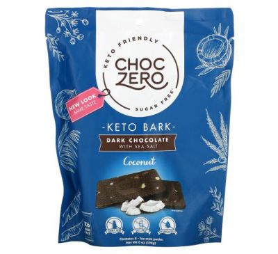 ChocZero, черный шоколад с морской солью, кокос, без сахара, 6 мини-плиток, по 28 г (1 унции)