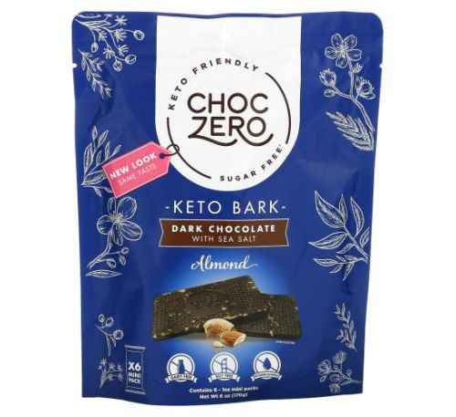 ChocZero, чорний шоколад із морською сіллю та мигдалем, без цукру, 6 плиток по 28 г (1 унція)